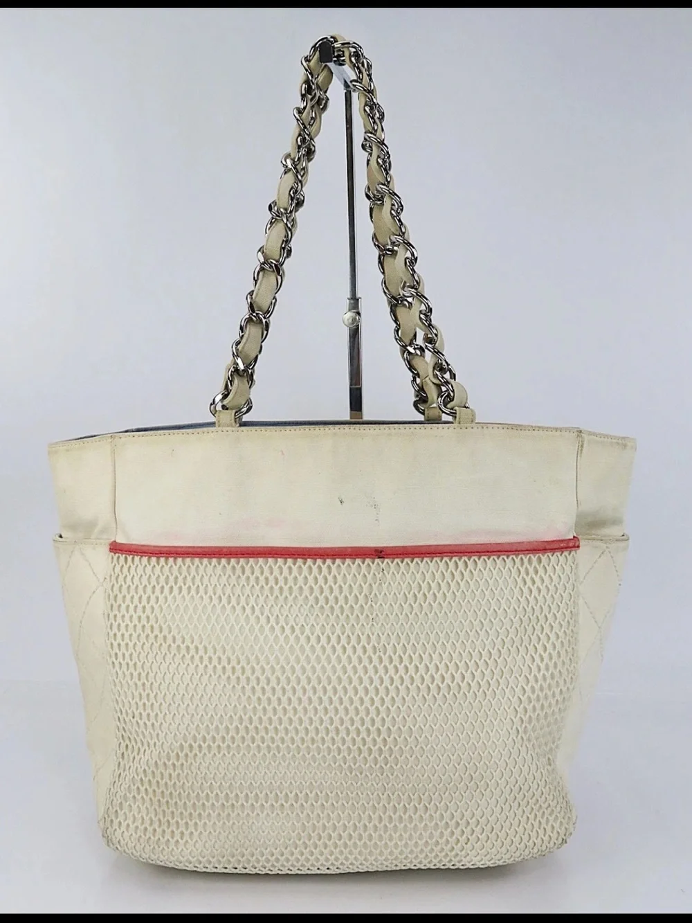 CHANEL Beige Quilted Leather Tote with Blue and Coral Trim
